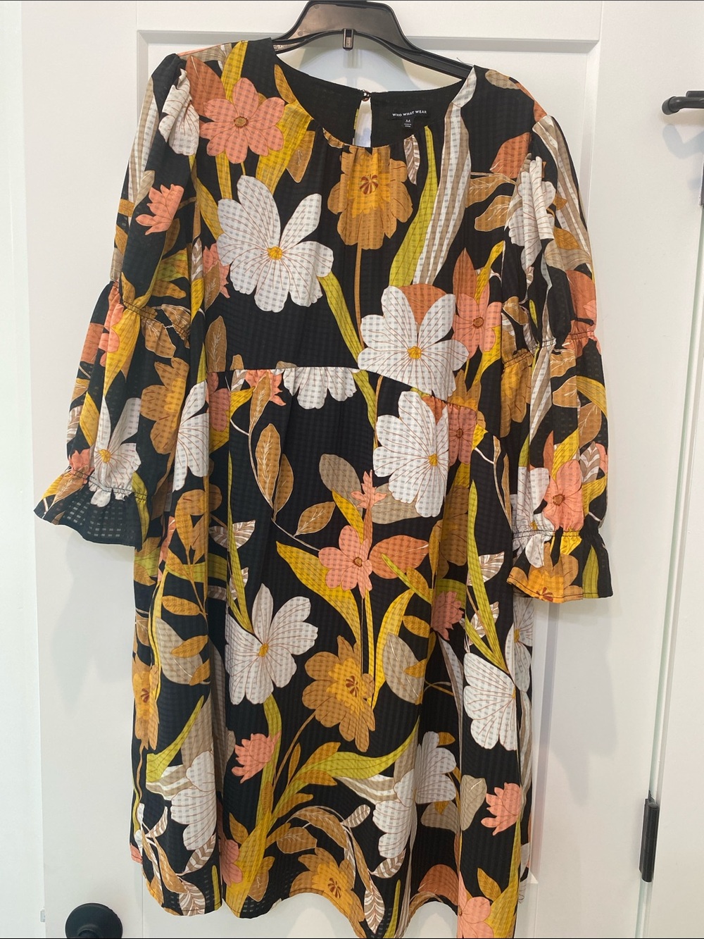 Who What Wear Black Floral Peasant Dress with White, Mustard & Peach Blooms